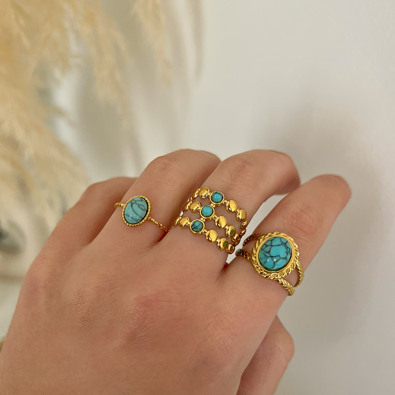 Anello Triplo Palline Turchese Oro