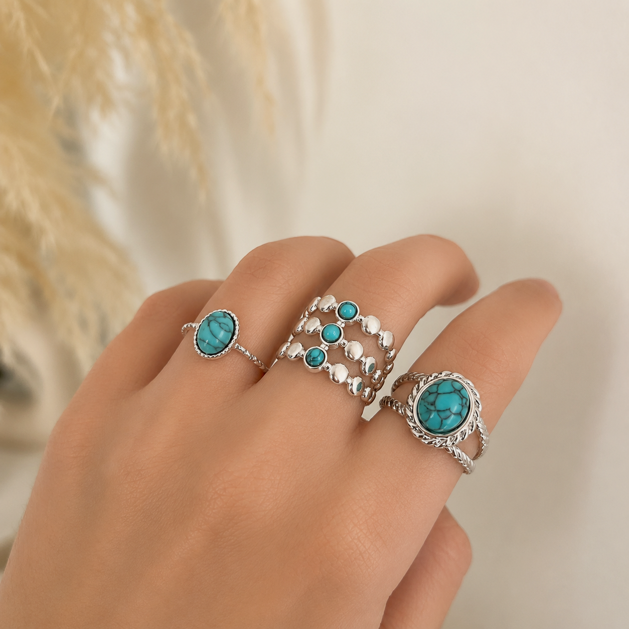 Anillo Triple Bolitas Turquesa Plata