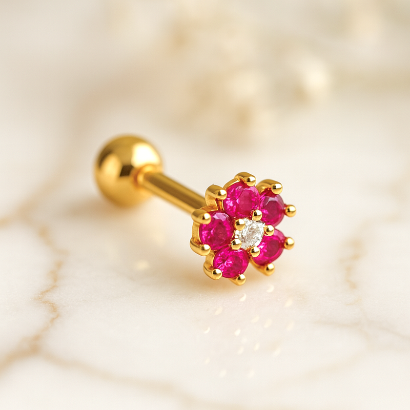 Pendiente Flor Anémona Rosa Oro
