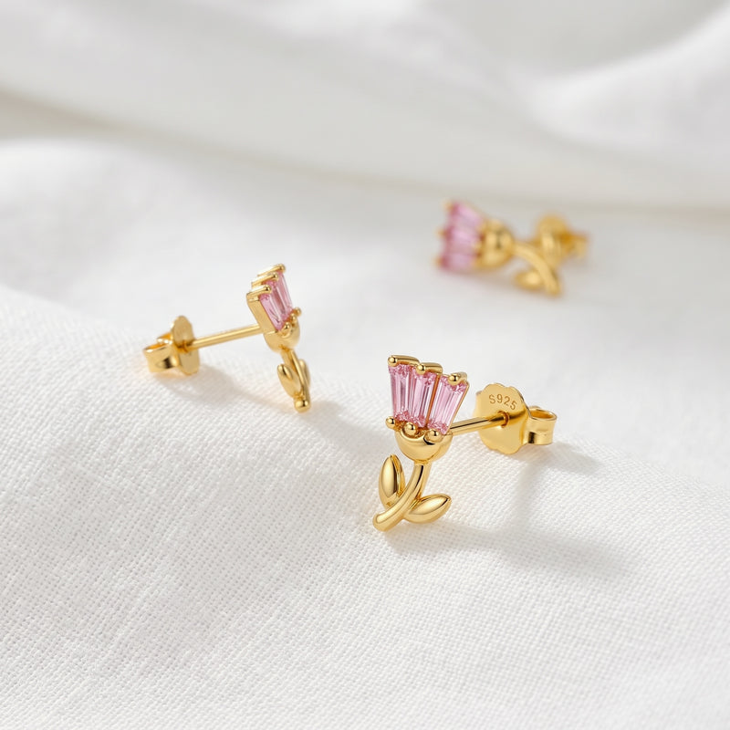 Orecchino a bottone a forma di tulipano in oro rosa