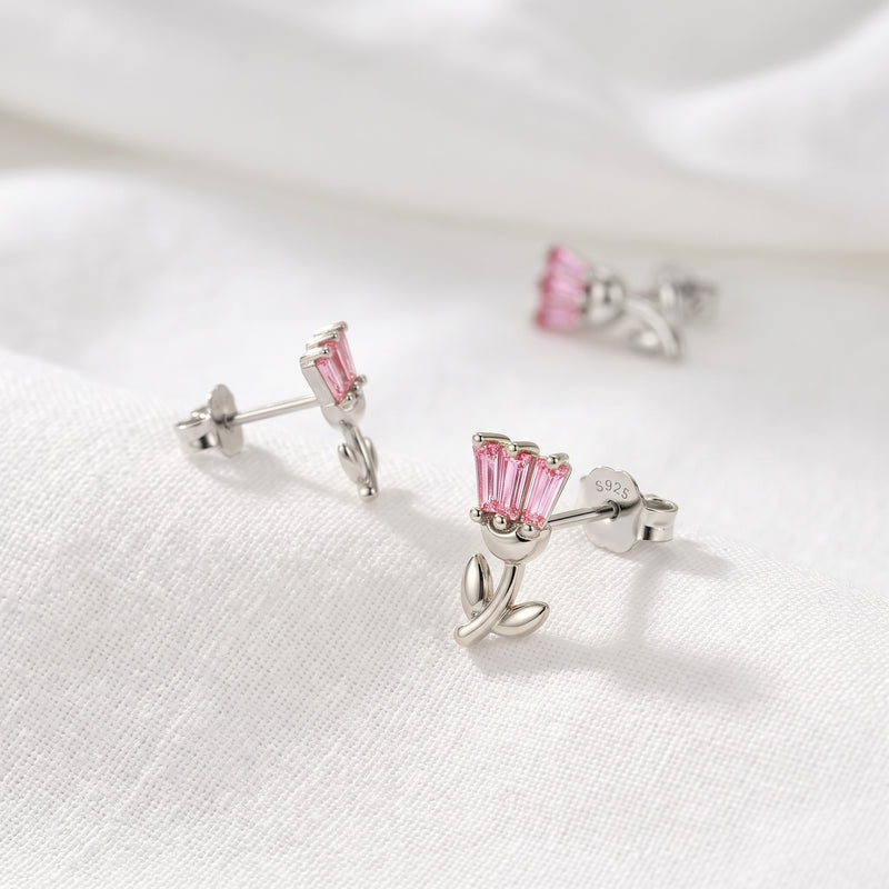 Orecchino a bottone Tulipano Rosa Argento
