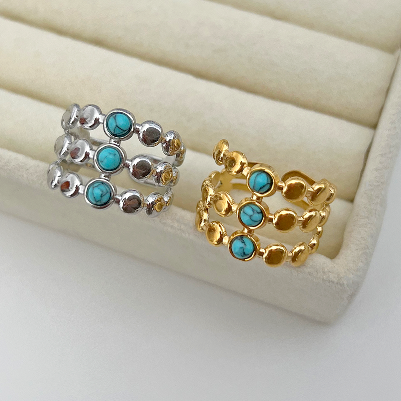 Anello Triplo Palline Turchese Oro