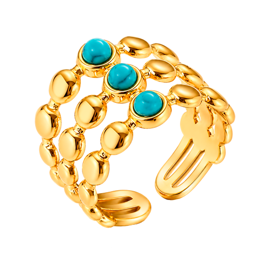 Anillo Triple Bolitas Turquesa Oro