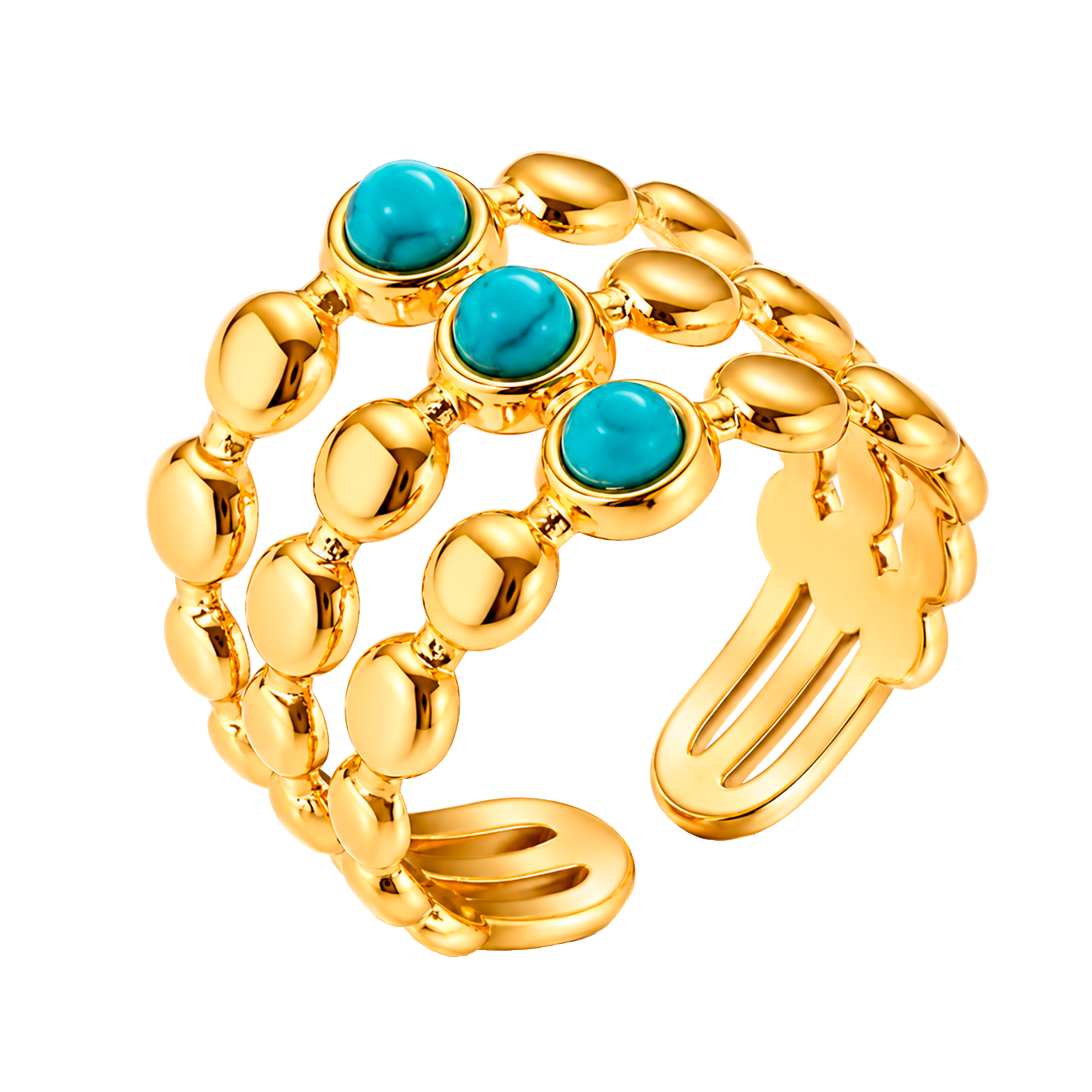 Anello Triplo Palline Turchese Oro