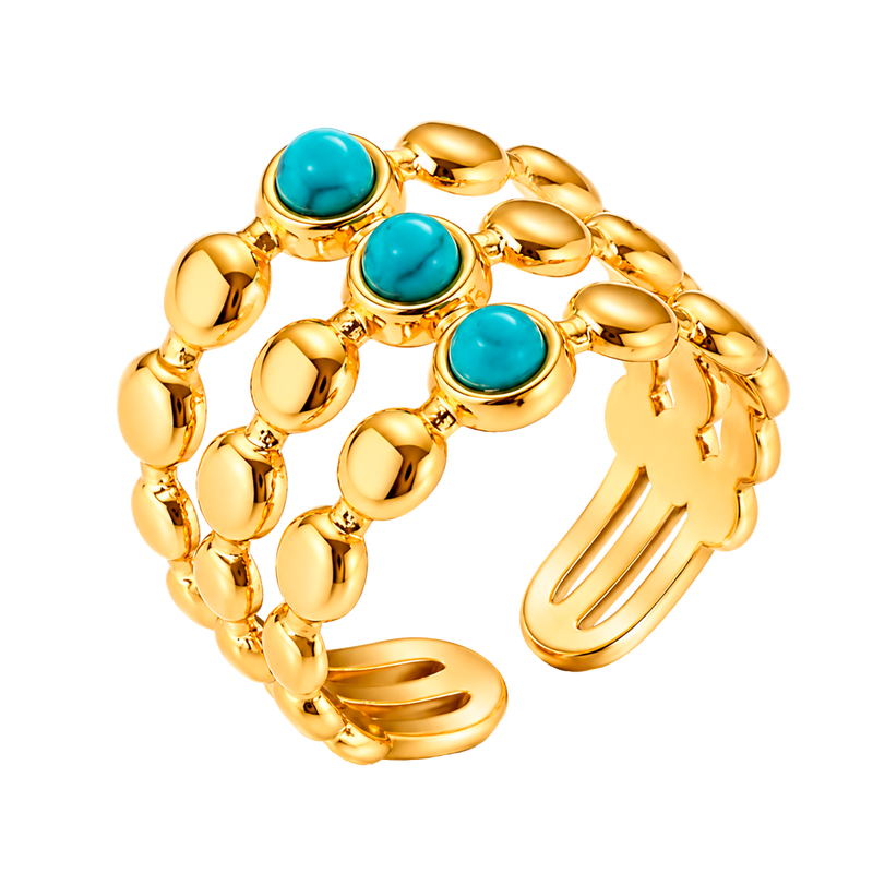 Anello Triplo Palline Turchese Oro