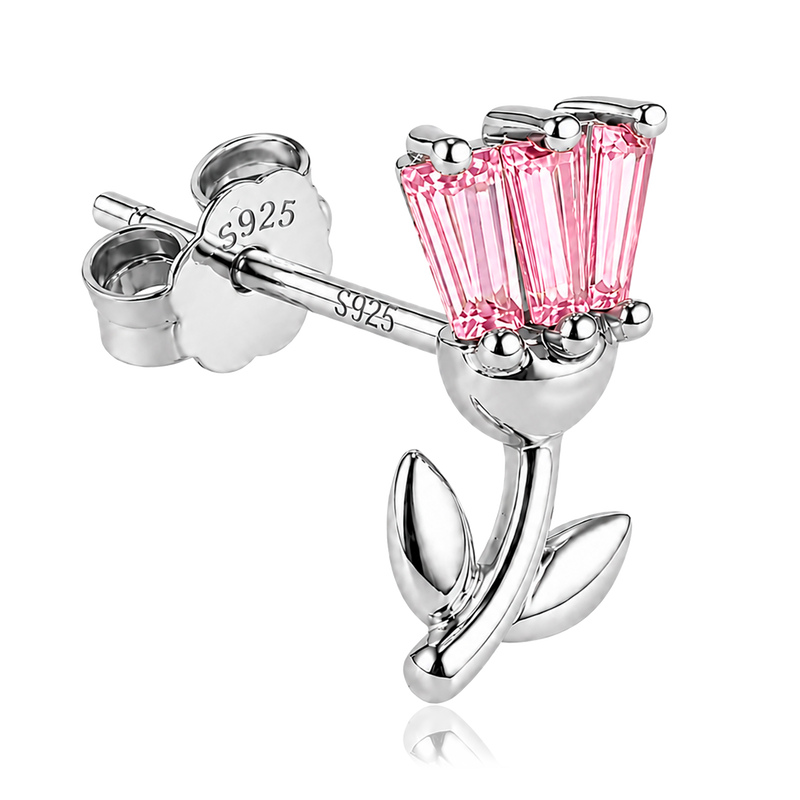 Orecchino a bottone Tulipano Rosa Argento