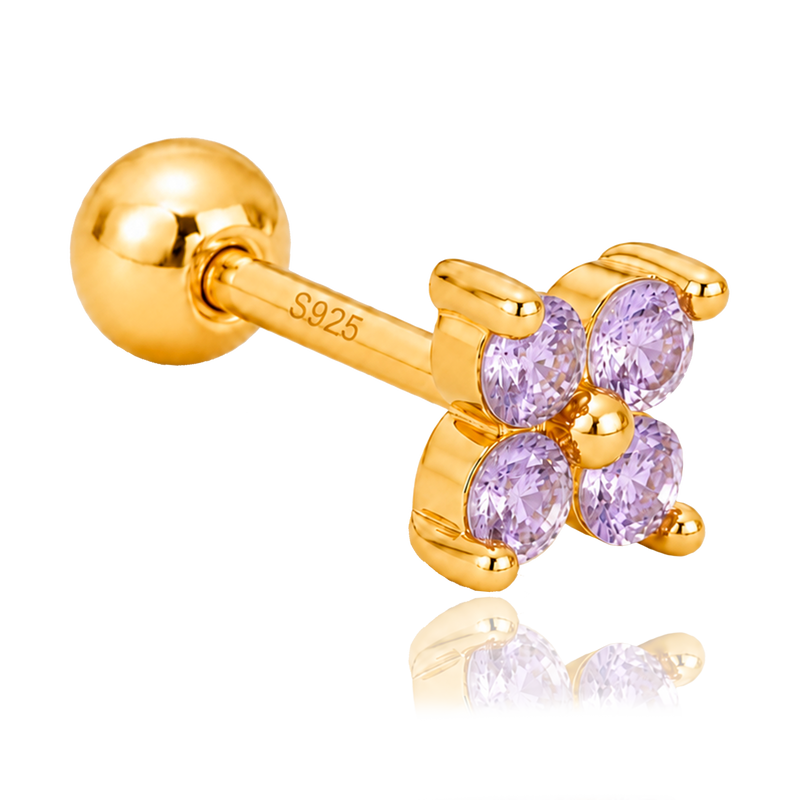 Orecchino a bottone mini fiore lilla oro