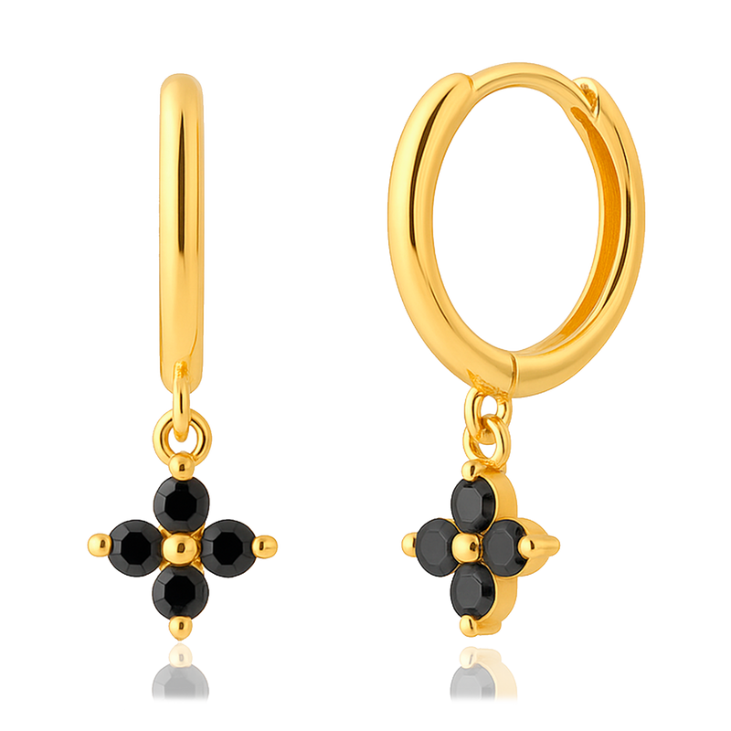 Orecchini a cerchio neri con fiore oro