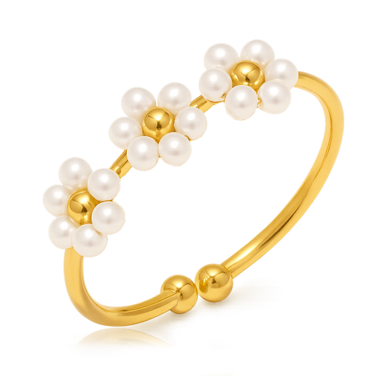 Anillo Triple Flower Perla Oro