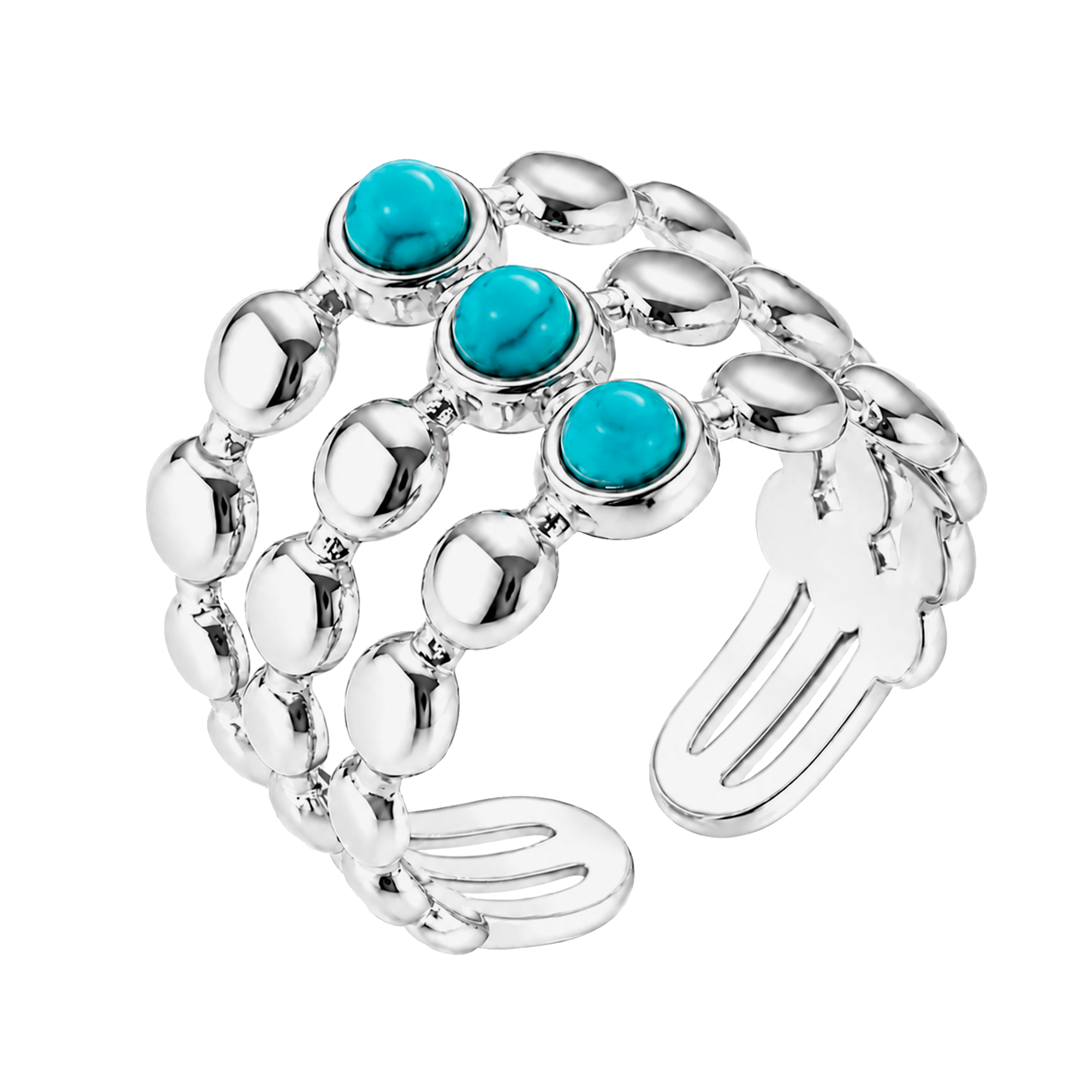 Anillo Triple Bolitas Turquesa Plata