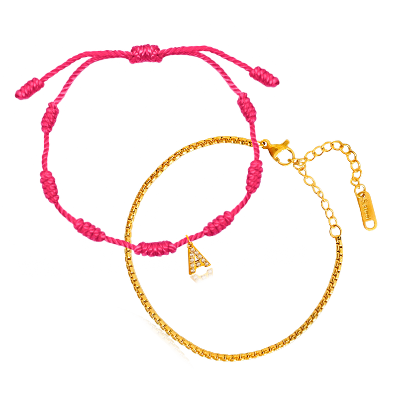 Set Pulseras Dorada + Fucsia con Inicial Personalizada