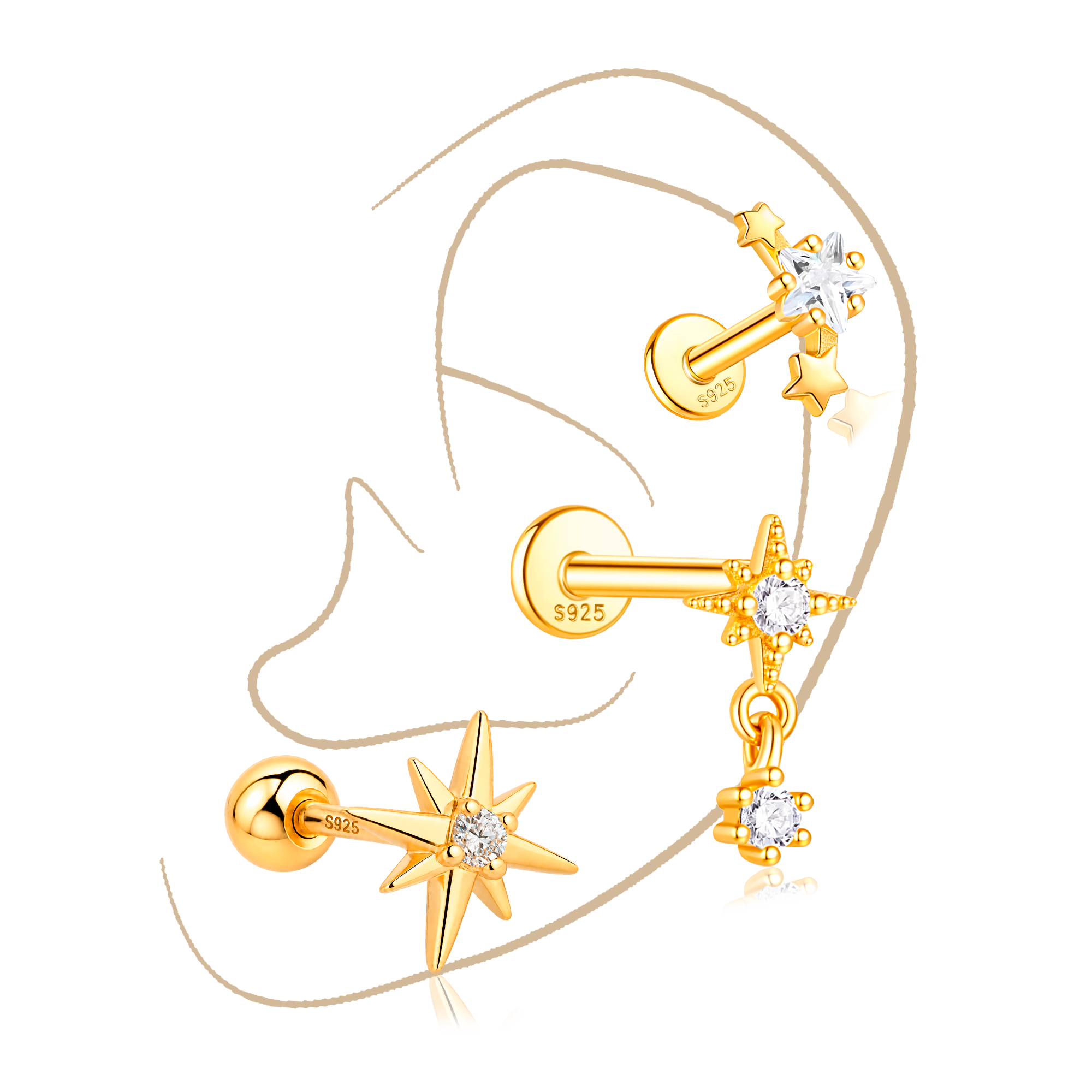 Set Stars Oro · Plata de ley bañada en oro 18k