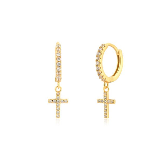 White Cross Gold Hoops 